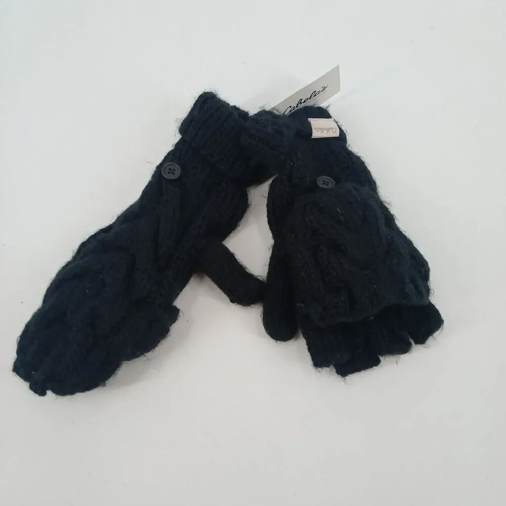 womans Cabela's Black Faux Fur Plush Knit convertible mittens Winter Accessories